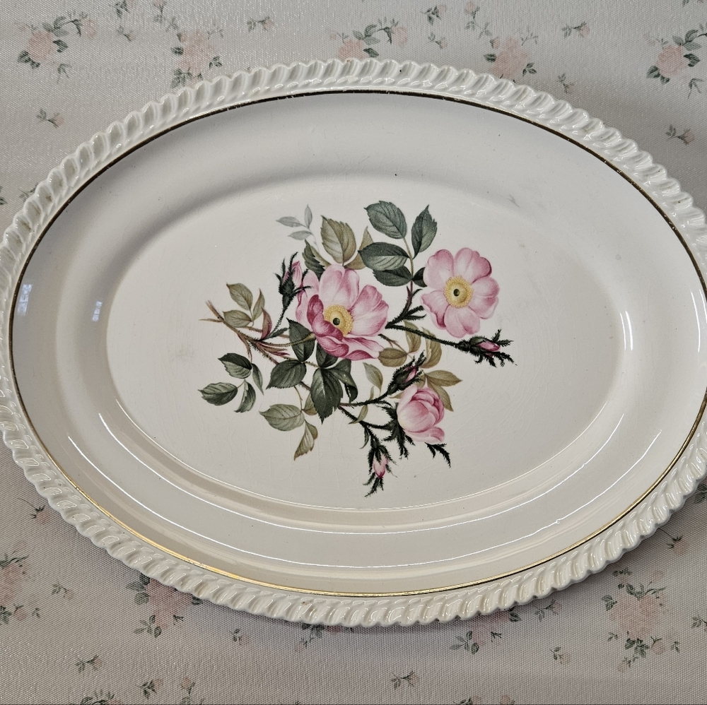 WILD ROSE THE HARKER POTTERY CO Oval PLATTER 22kt GOLD TRIM PINK FLOWER VINTAGE